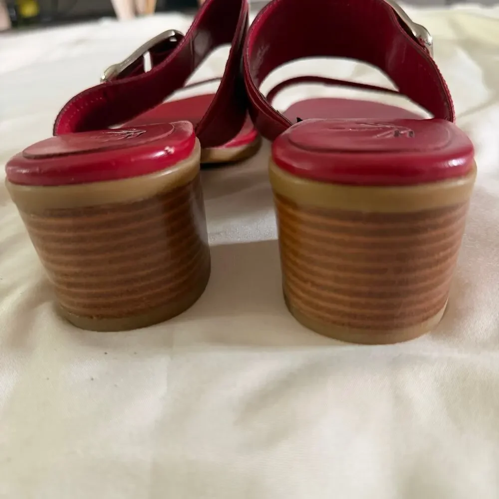 Y2K 2000s Red Leather Block Heel Buckle Sandals 8.5 Grunge Punk